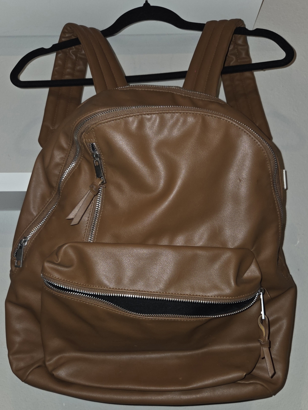 Brown Leatherette Backpack with Front Zip Pocket